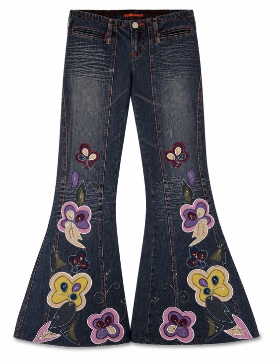 Dollhouse Denim - Dollhouse Dark Blue Denim Flare Jeans with Multicolor Floral Appliqués